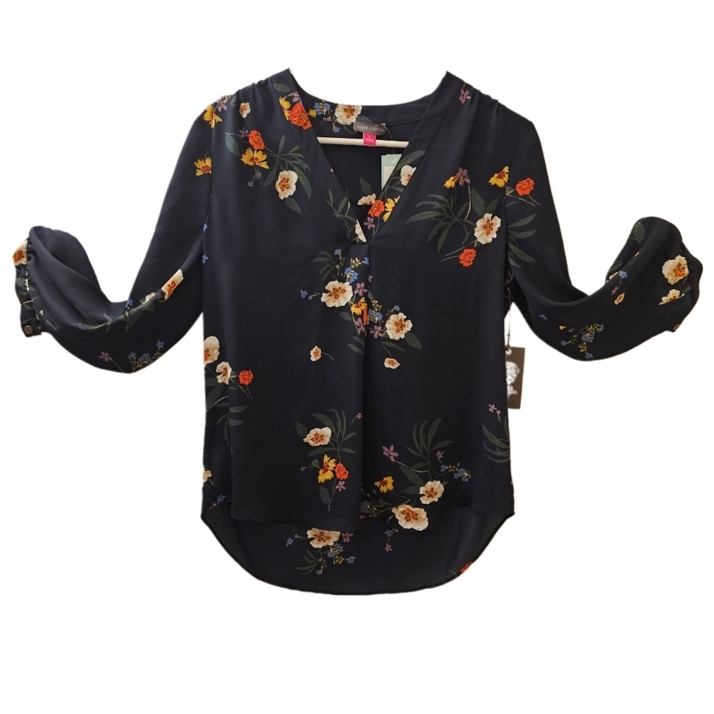 Vince Camuto Womens Black Floral Print Blouse Shirt Top Size S